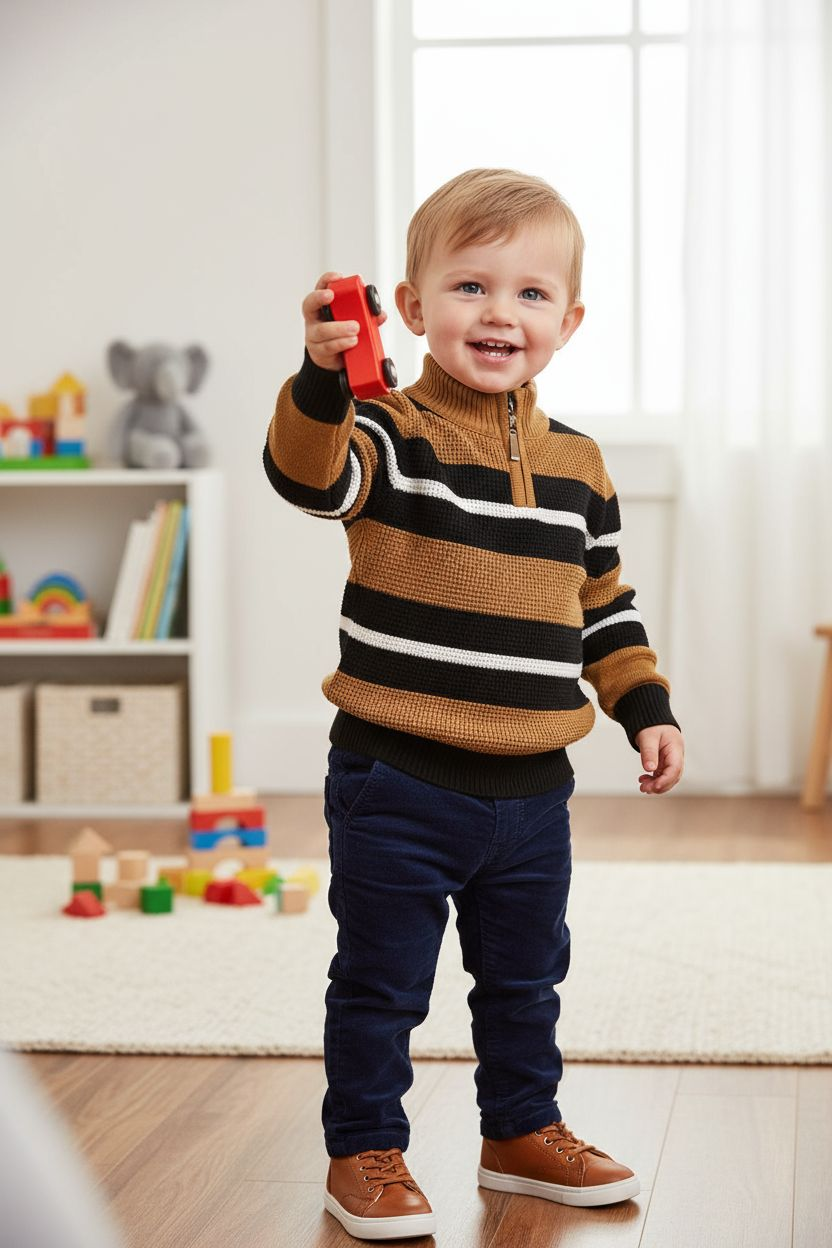Child wearing a striped sweater holding a toy car indoors