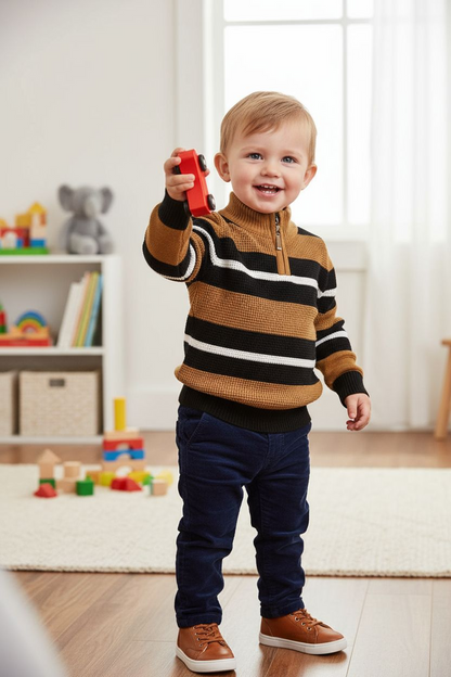 Child wearing a striped sweater holding a toy car indoors