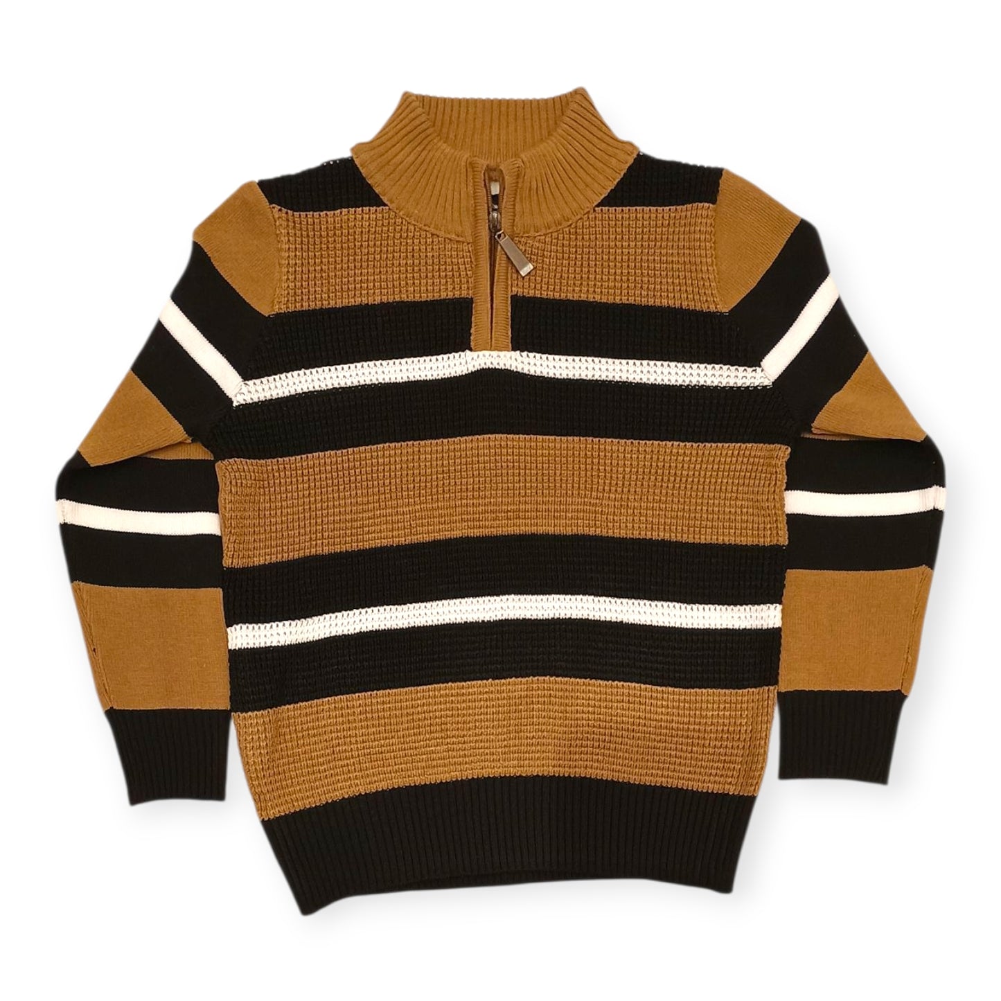 Striped sweater with brown, black, and white colors on a white background
