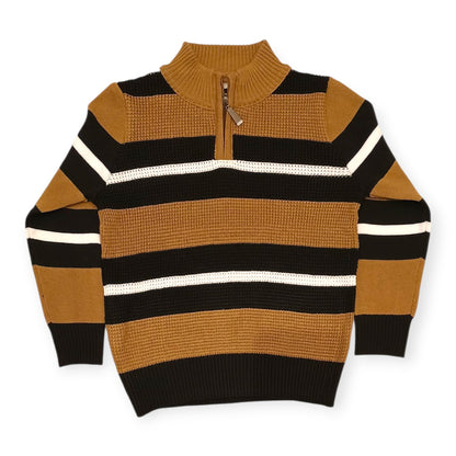 Striped sweater with brown, black, and white colors on a white background