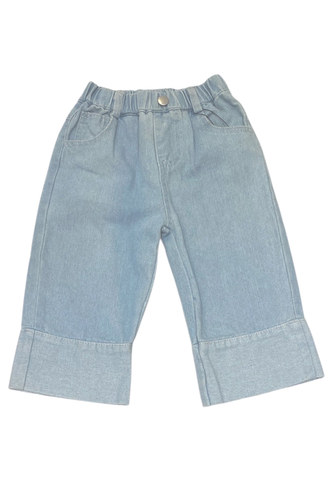 Light blue denim pants on a white background