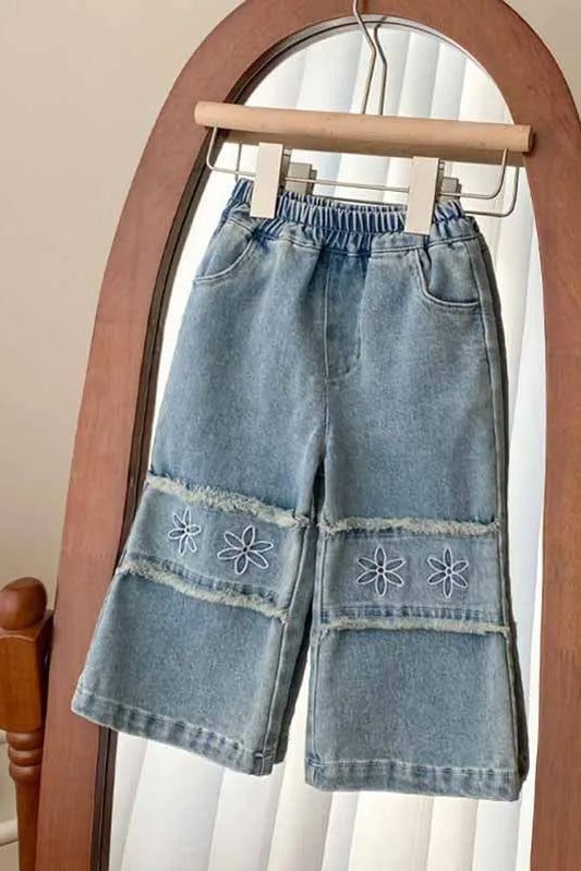 Denim pants with floral embroidery on a hanger in front of a mirror.