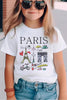Child wearing a white t-shirt with Paris-themed graphics and text.