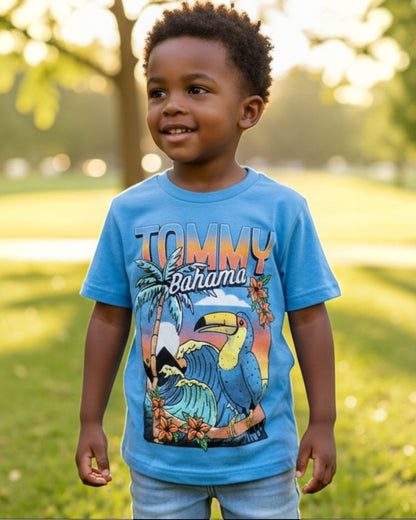 Child wearing a Tommy Bahama shirt in a park setting