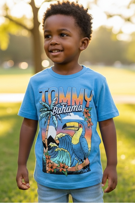Child wearing a Tommy Bahama shirt in a park setting