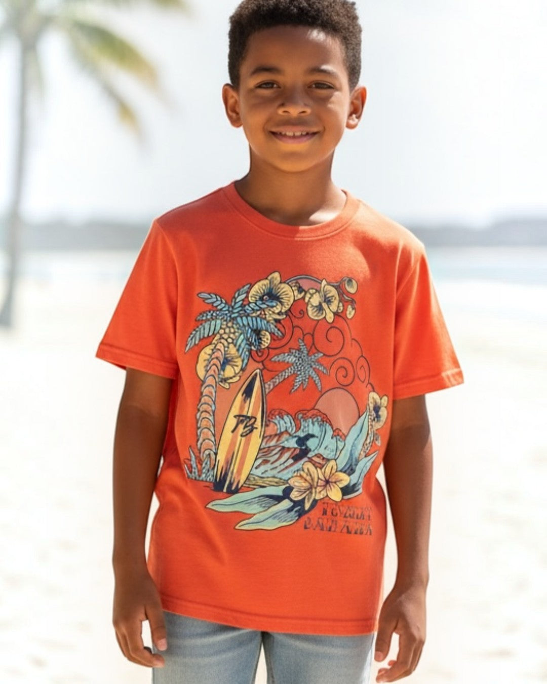 Child wearing an orange t-shirt with a graphic design on a beach