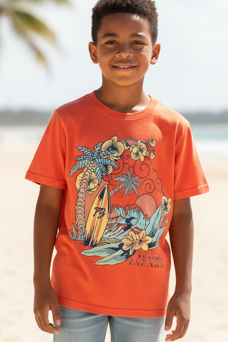 Child wearing an orange t-shirt with a graphic design on a beach