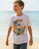 Child wearing a white t-shirt with a colorful graphic design on a beach