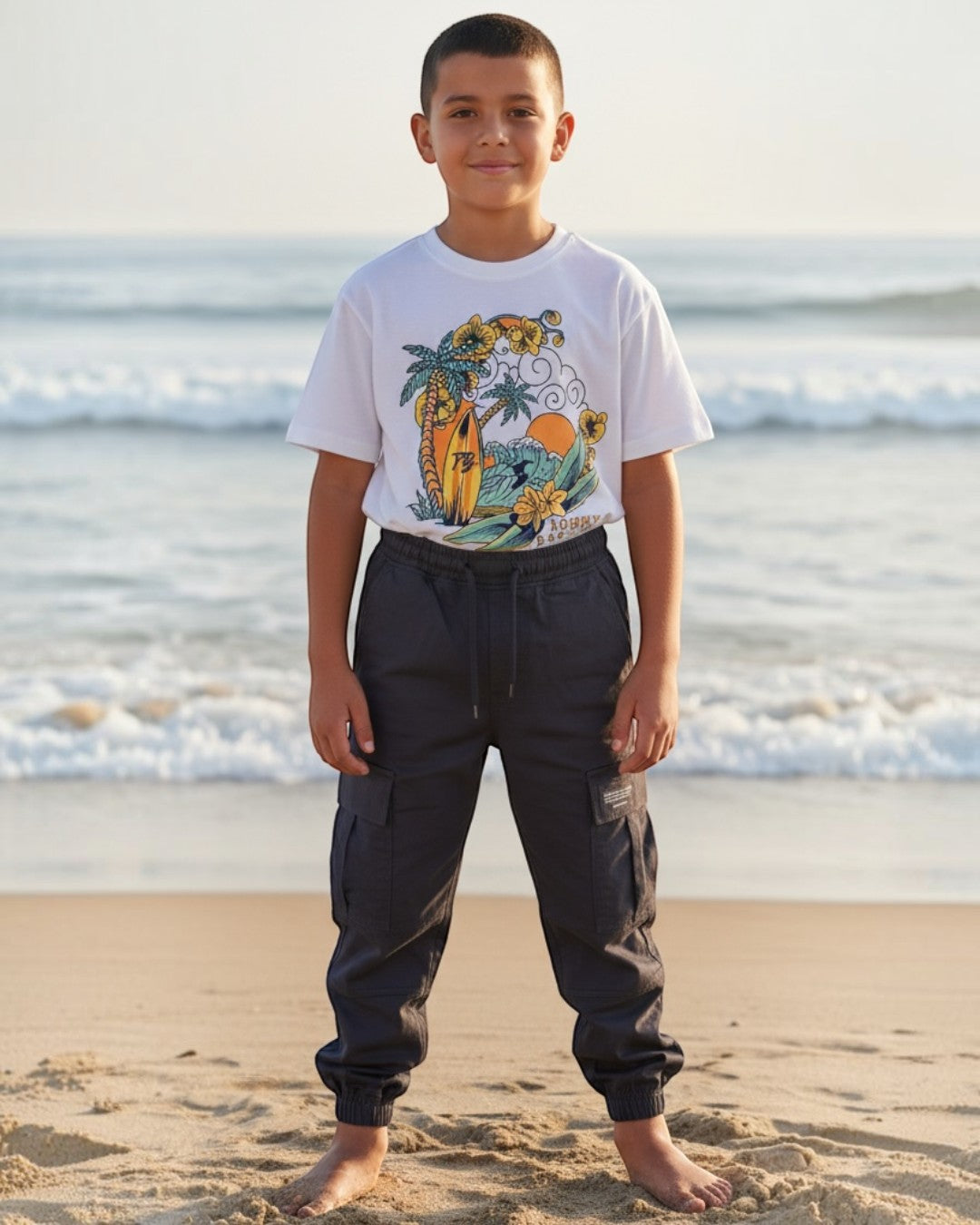 Young boy standing on a beach wearing a colorful t-shirt and dark pants.