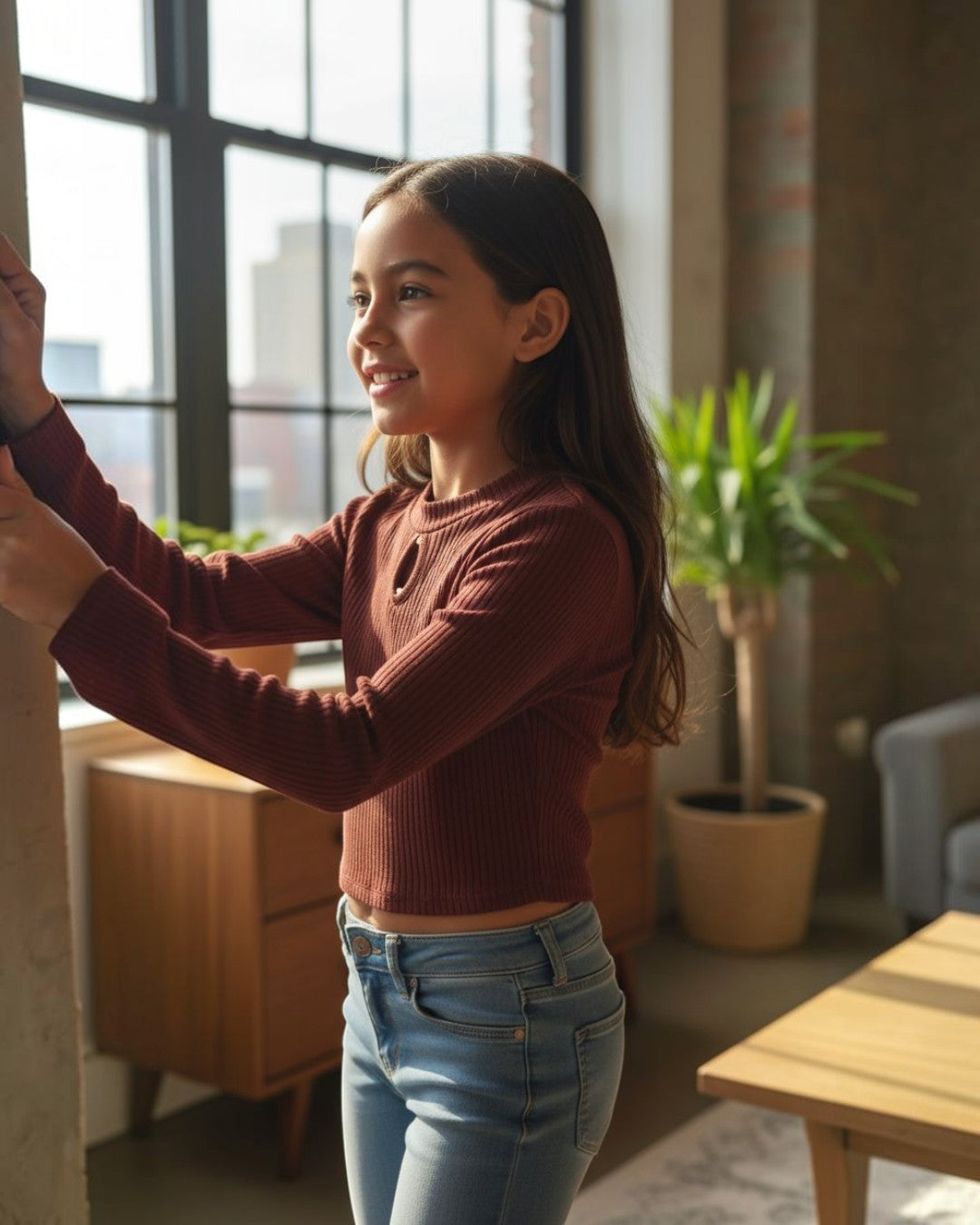 Young girl in a maroon sweater and blue jeans standing indoors with a blurred background