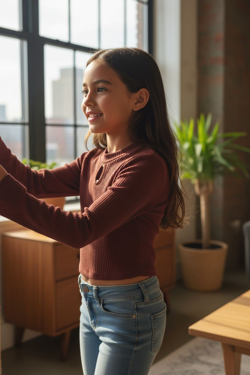 Young girl in a maroon sweater and blue jeans standing indoors with a blurred background