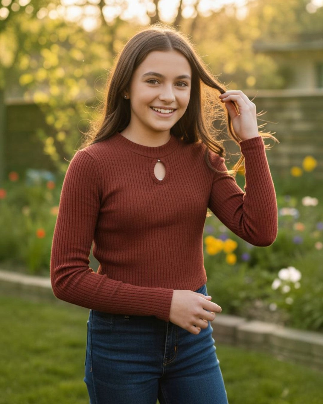 Woman in a red sweater standing in a garden with flowers and greenery.