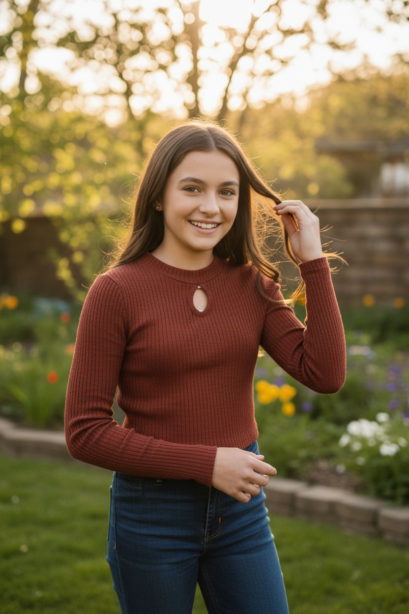 Woman in a red sweater standing in a garden with flowers and greenery.