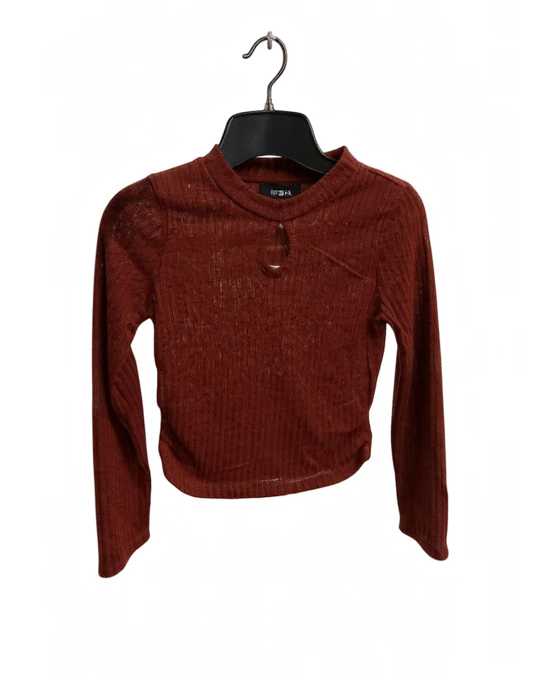 Burgandy ribbed sweater on a hanger against a white background