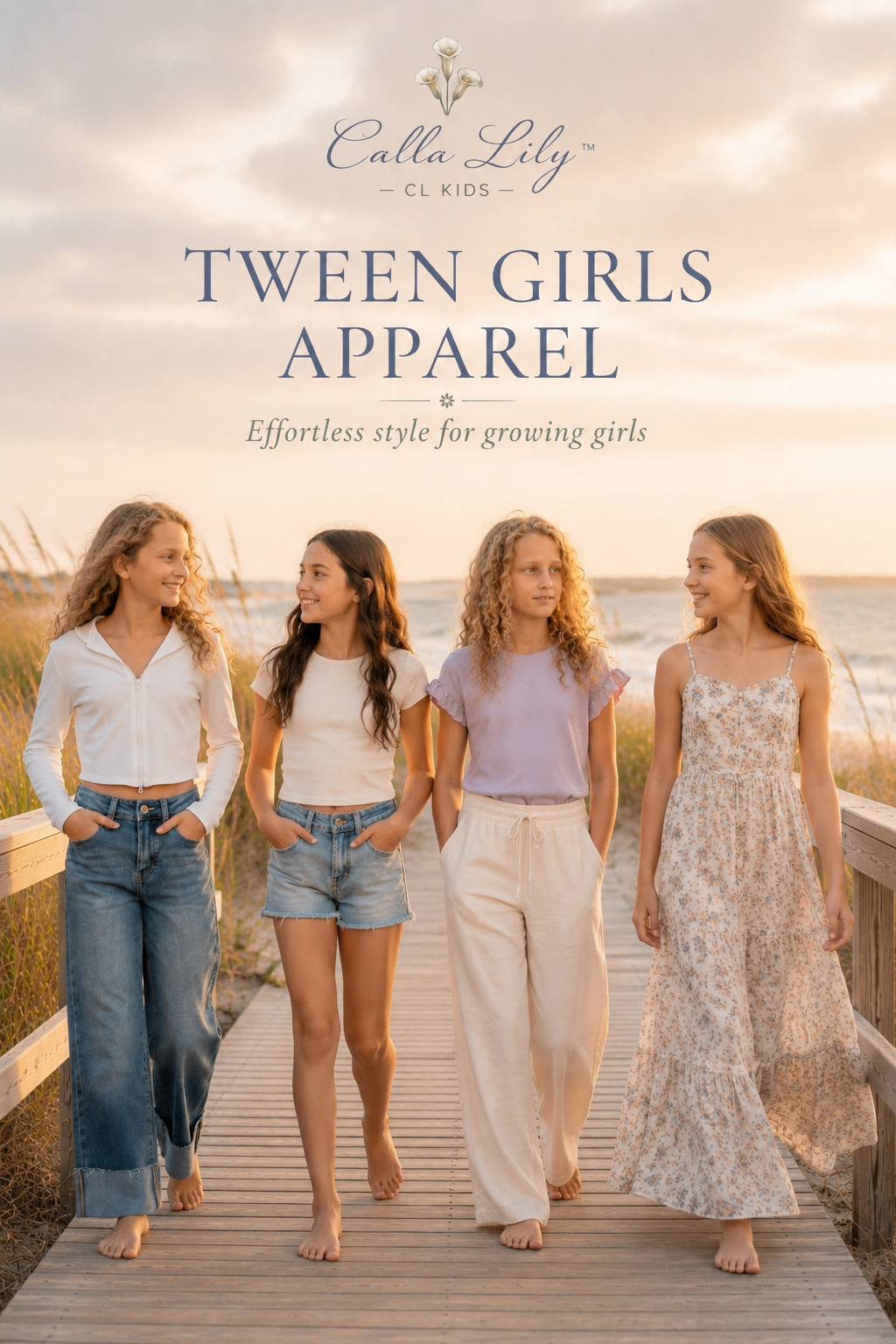 Four young girls standing on a wooden boardwalk by the beach, wearing Calla Lily Tween Girls Apparel.