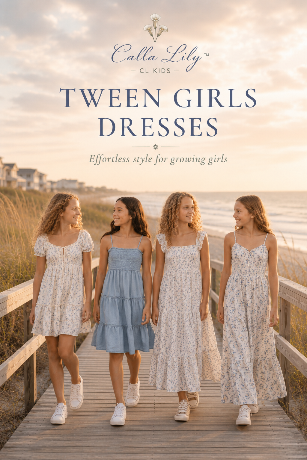 Four girls in dresses walking on a wooden boardwalk by the beach, with 'Calla Lily' branding.