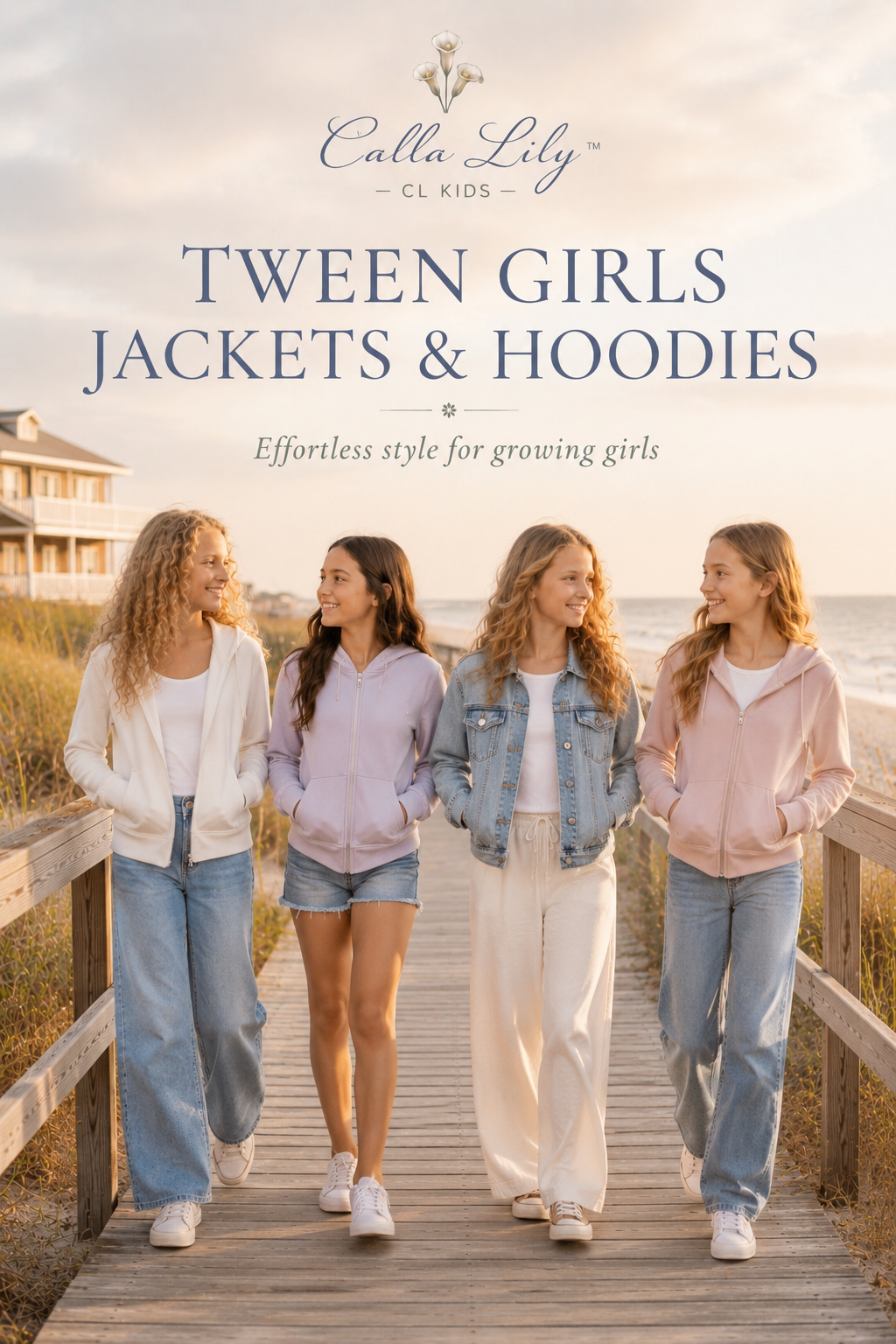 Four girls walking on a wooden boardwalk by the beach, with text about Tween Girls Jackets & Hoodies.