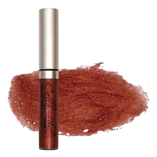 Lip gloss with a swatch of color on a white background