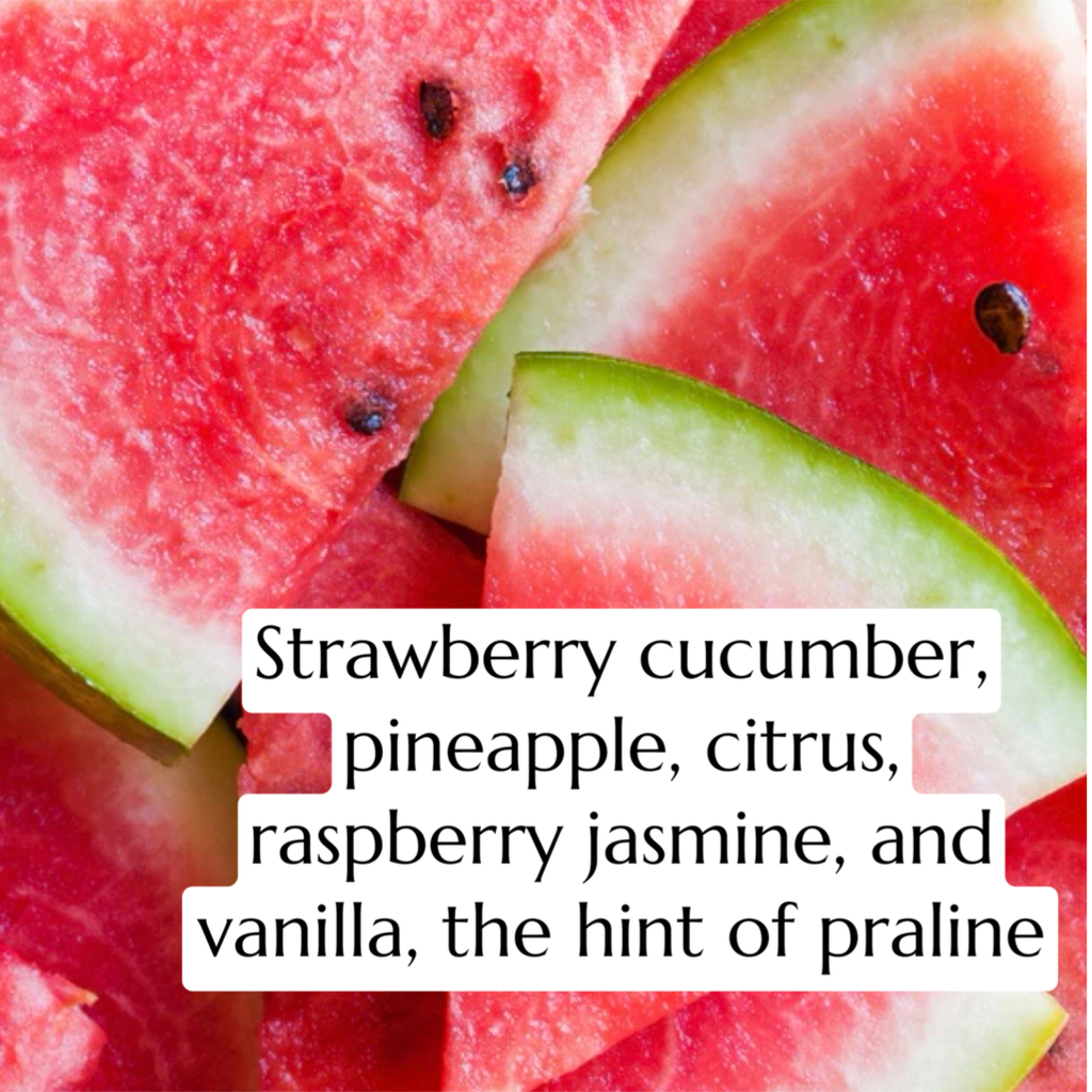 Sliced watermelon with a text overlay describing flavor notes.