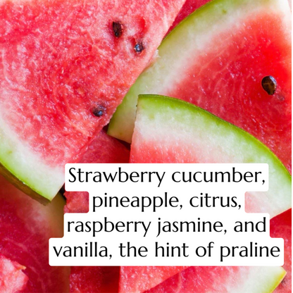 Sliced watermelon with a text overlay describing flavor notes.