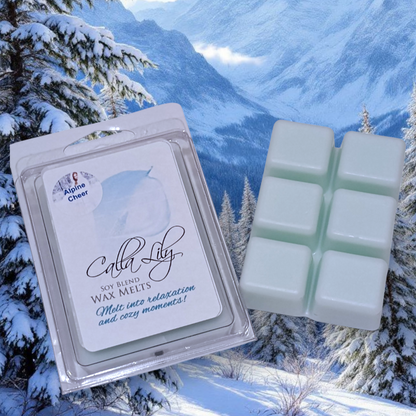 Soy blend wax melts packaging with a snowy mountain and trees background