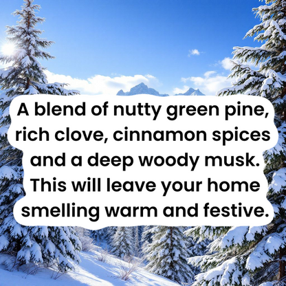 Snowy landscape with evergreen trees and a text overlay about scents.
