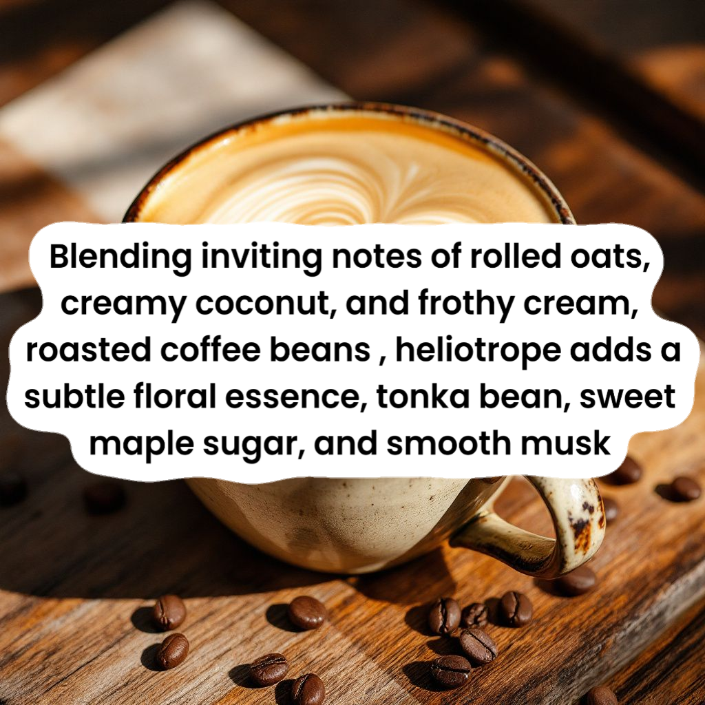 Cup of coffee with text describing its flavor profile on a wooden surface with coffee beans.