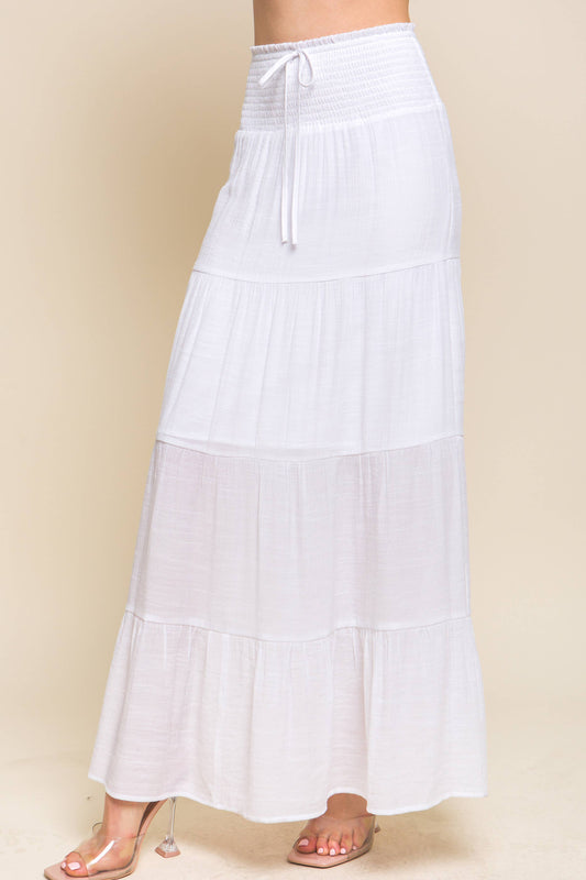 White Smocked Tiered Maxi Skirt