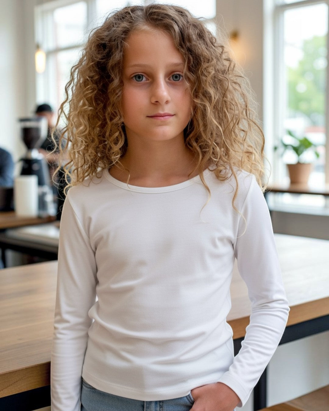 Young girl with curly hair wearing a white long-sleeve shirt in a casual indoor setting.