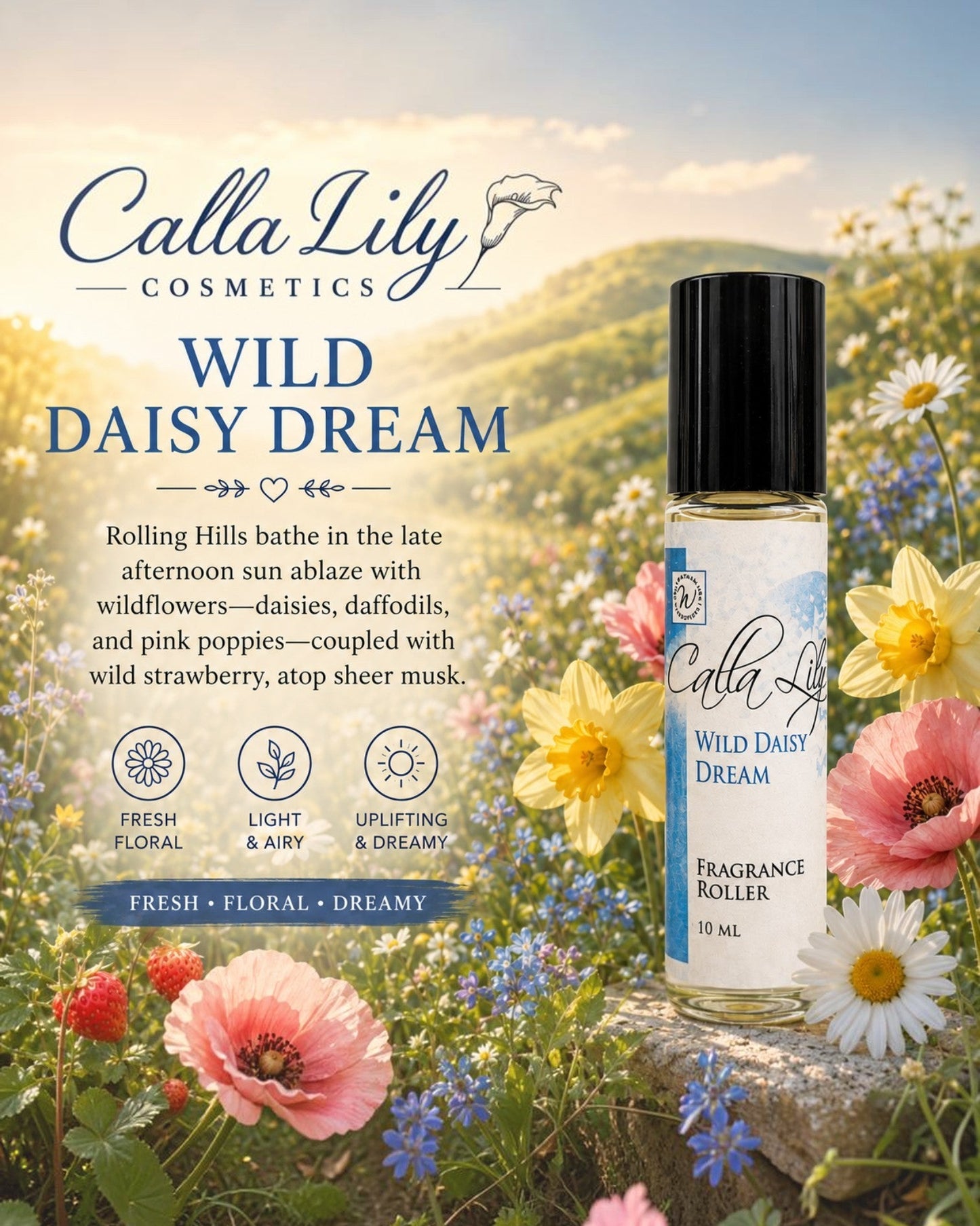 Calla Lily Wild Daisy Dream fragrance roller with a scenic background of wildflowers.