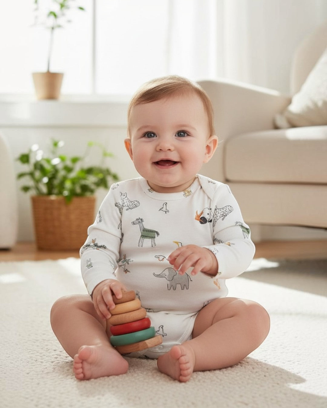 Baby sitting on a carpeted floor holding colorful wooden blocks in a bright living room.
