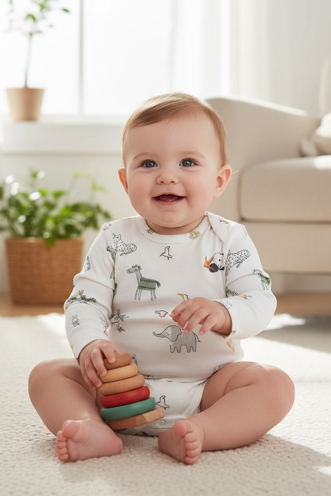 Baby sitting on a carpeted floor holding colorful wooden blocks in a bright living room.