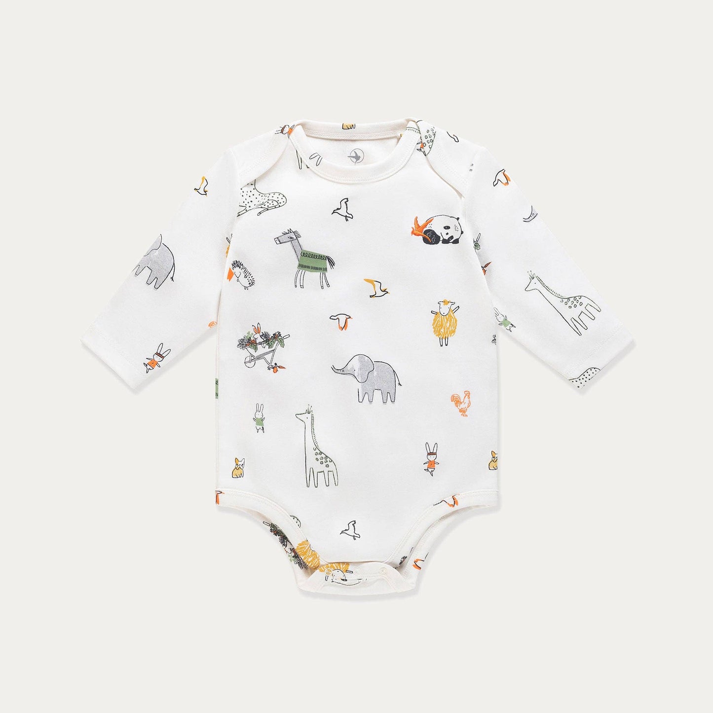 Baby onesie with animal pattern on a white background