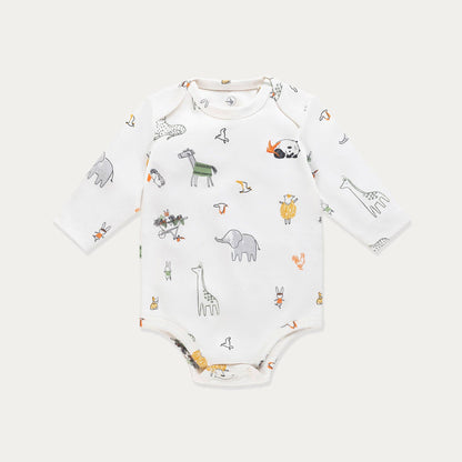 Baby onesie with animal pattern on a white background