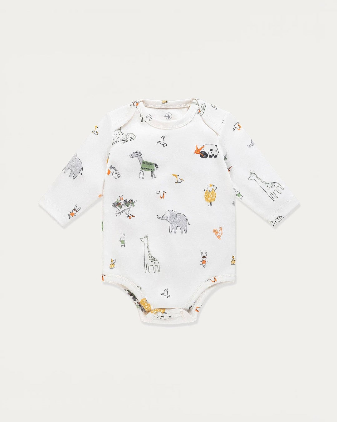 Baby onesie with animal pattern on a white background
