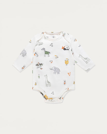 Baby onesie with animal pattern on a white background