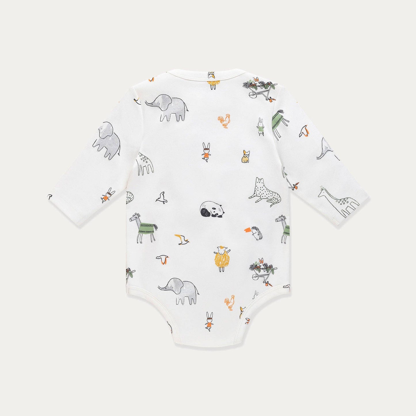 Baby onesie with animal pattern on a white background