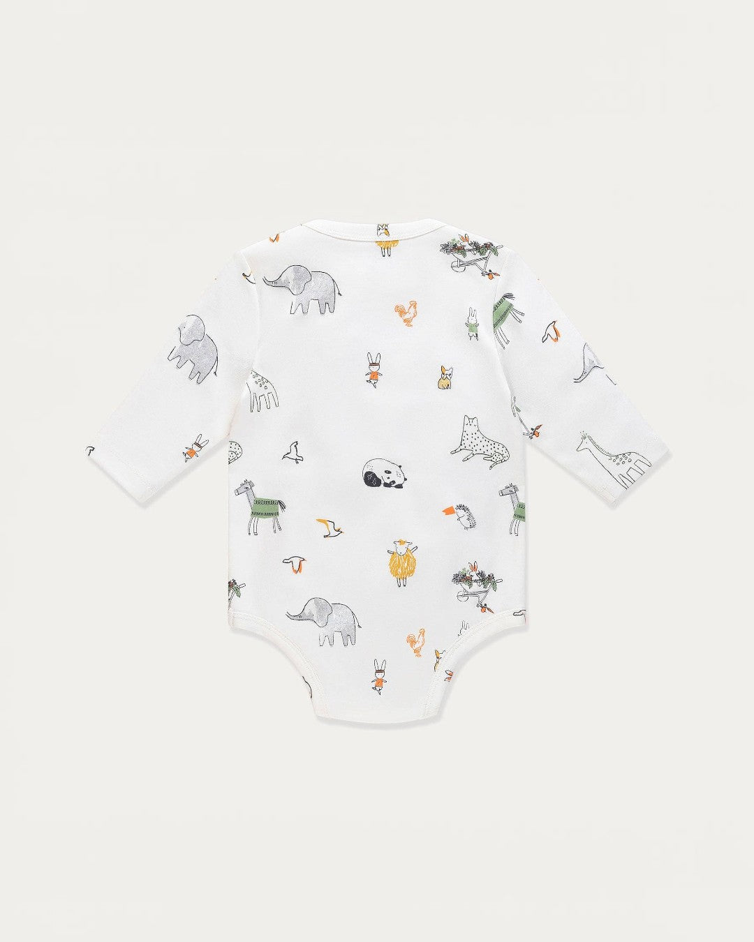 Baby onesie with animal pattern on a white background