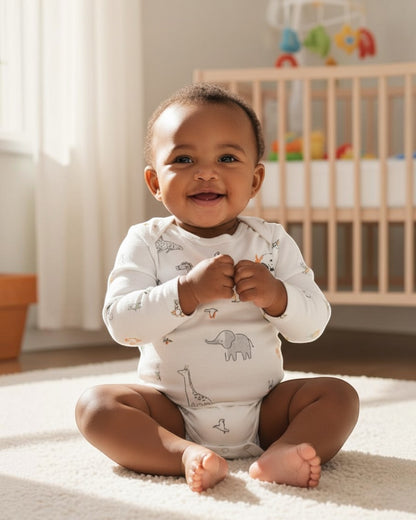 Baby sitting on a carpeted floor in a nursery with a crib and toys in the background.