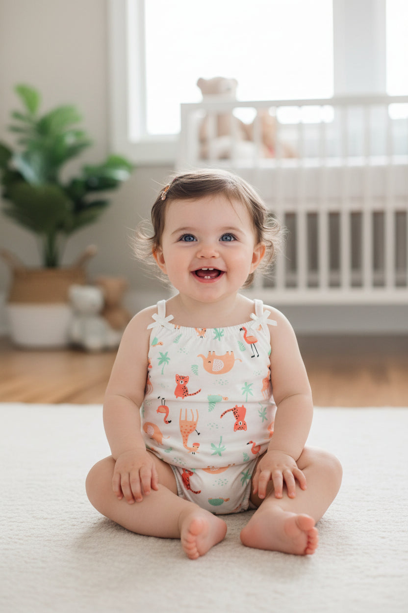 Baby romper with animal pattern on a white background