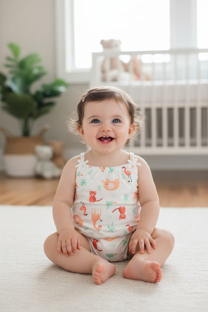 Baby romper with animal pattern on a white background