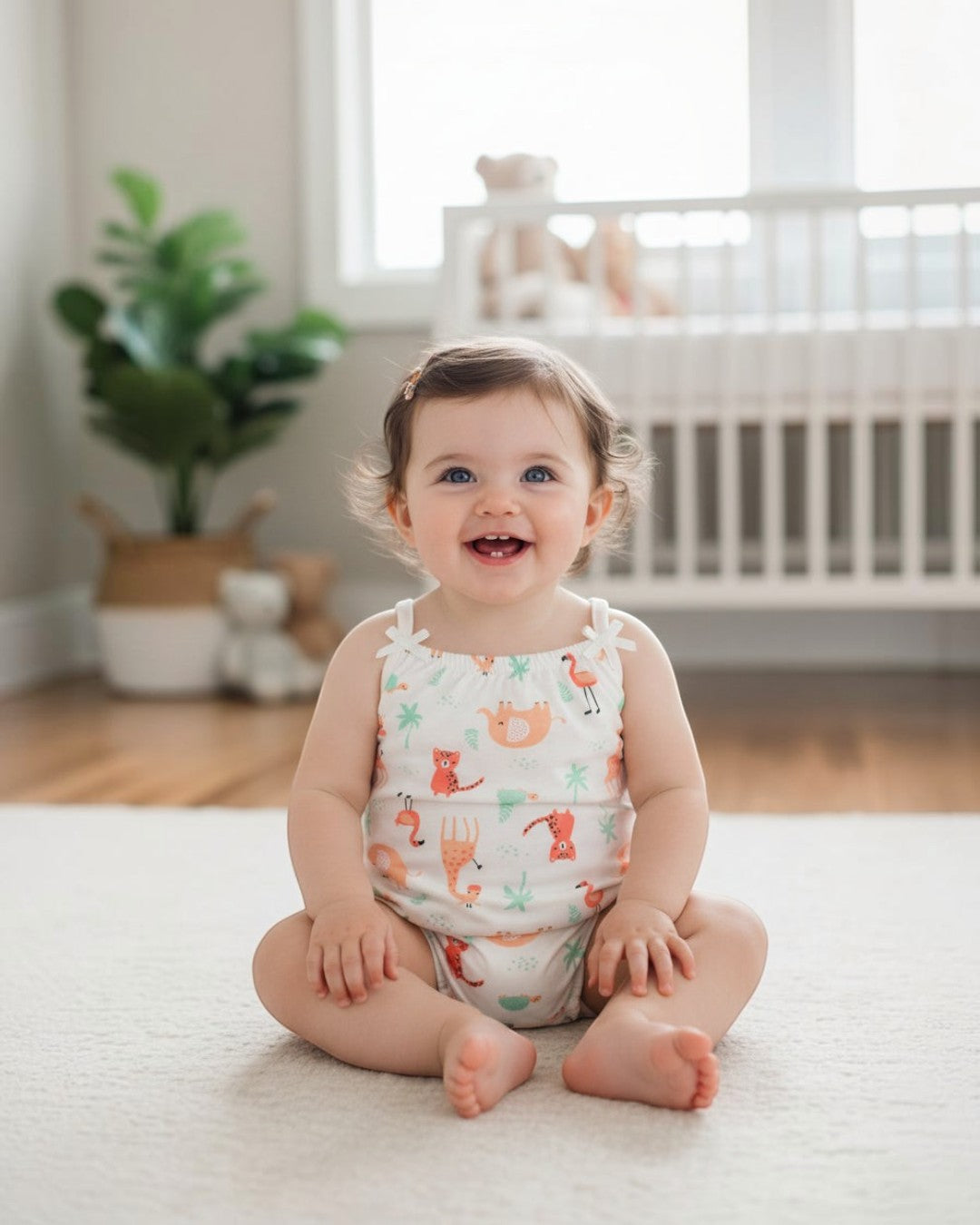 Baby romper with animal pattern on a white background