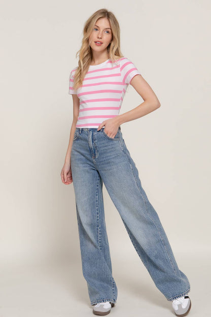 Short Sleeve Pink Stripe Crop Top