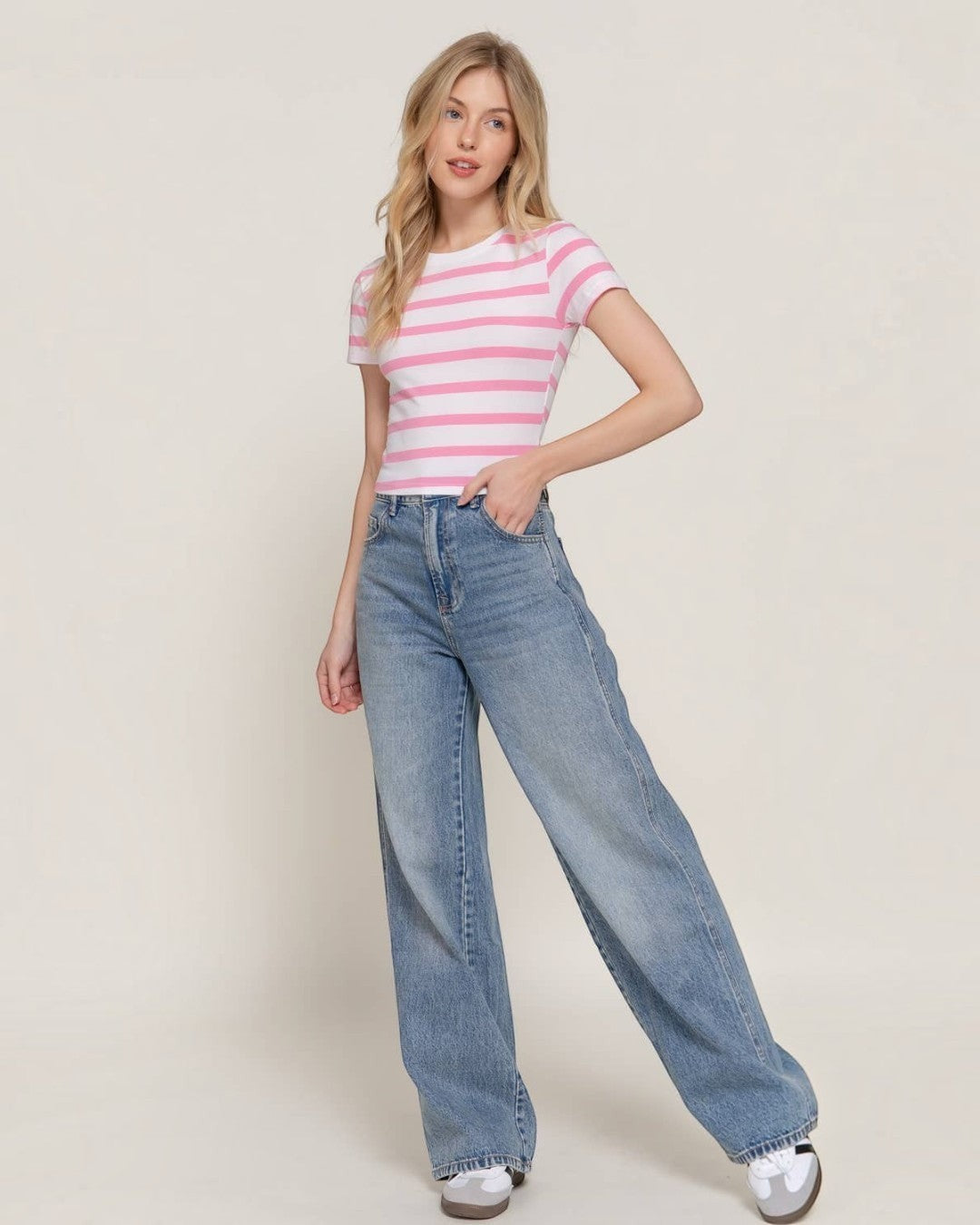Short Sleeve Stripe Crop Top