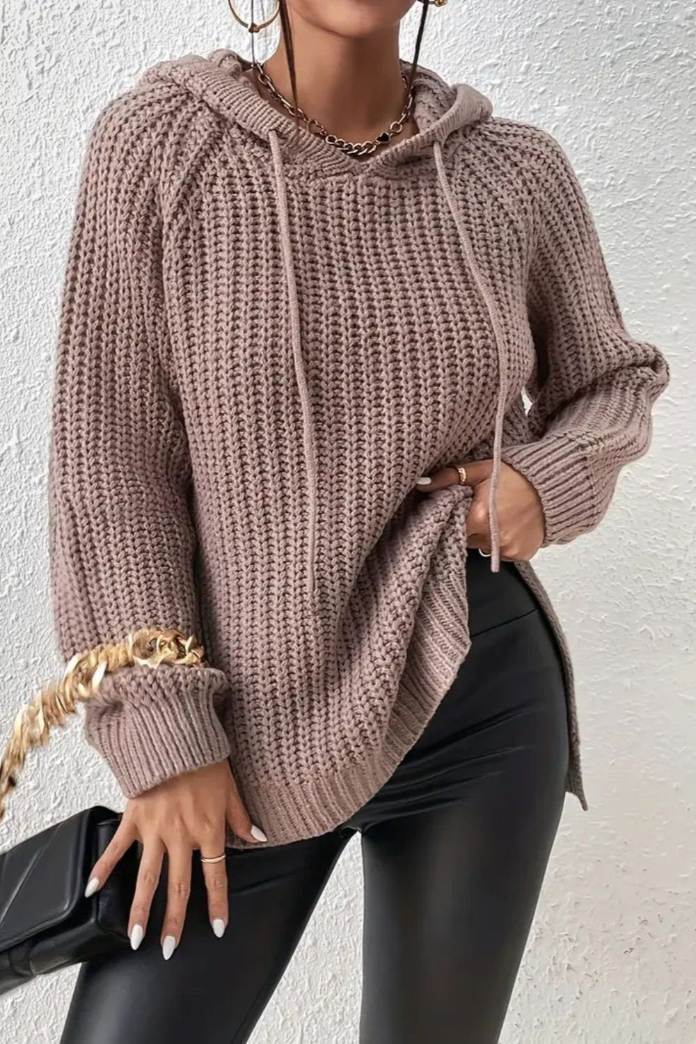 High-Low Side Slit Drawstring Long Sleeve Hooded Sweater