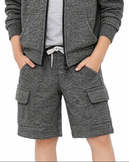 A young boy smiling and wearing a heather gray zip-up hoodie and matching cargo shorts over a light gray t-shirt, photographed against a solid white background.