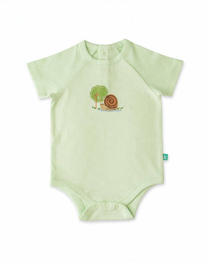 Green baby onesie with a snail design on a white background