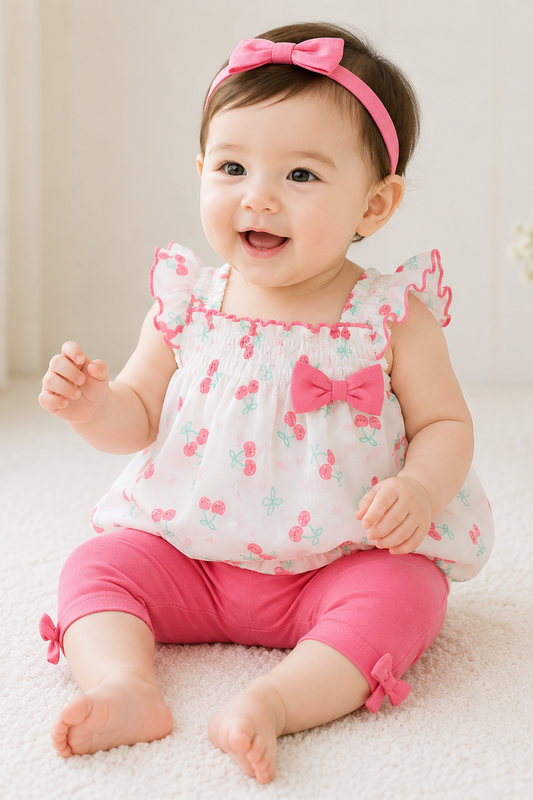 Baby girl in a white outfit with pink accents sitting on a light-colored floor.