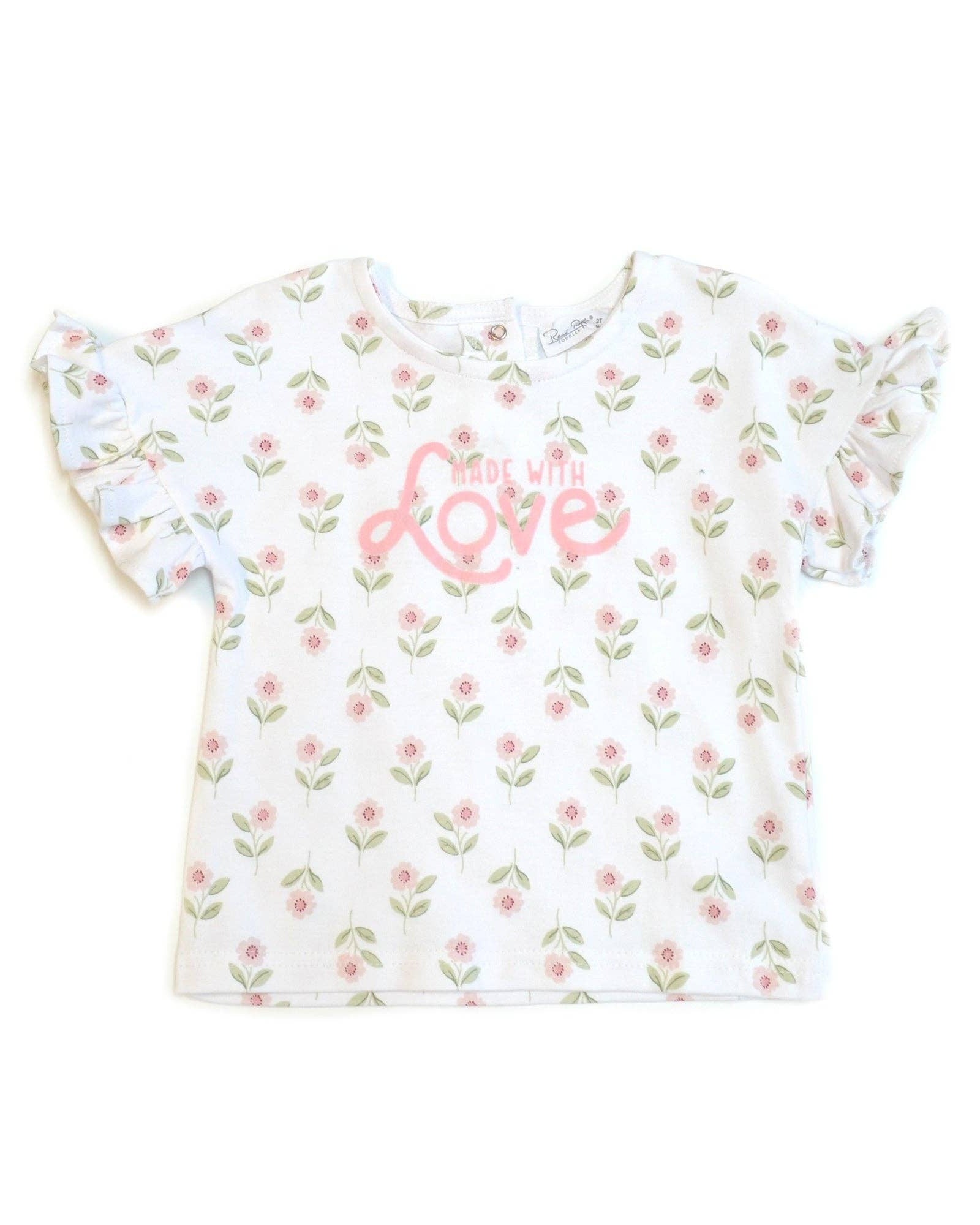 White t-shirt with floral pattern and 'Made with Love' text on a white background