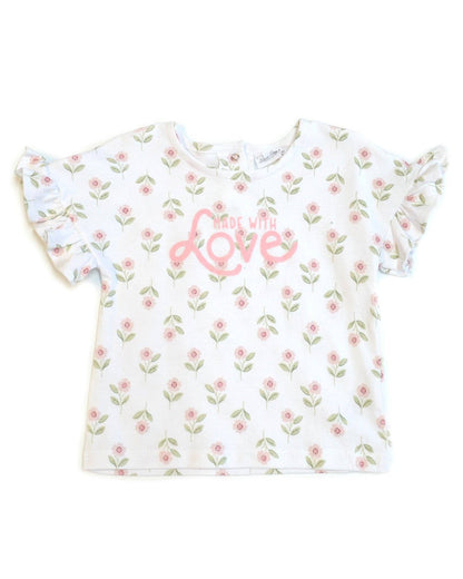 White t-shirt with floral pattern and 'Made with Love' text on a white background